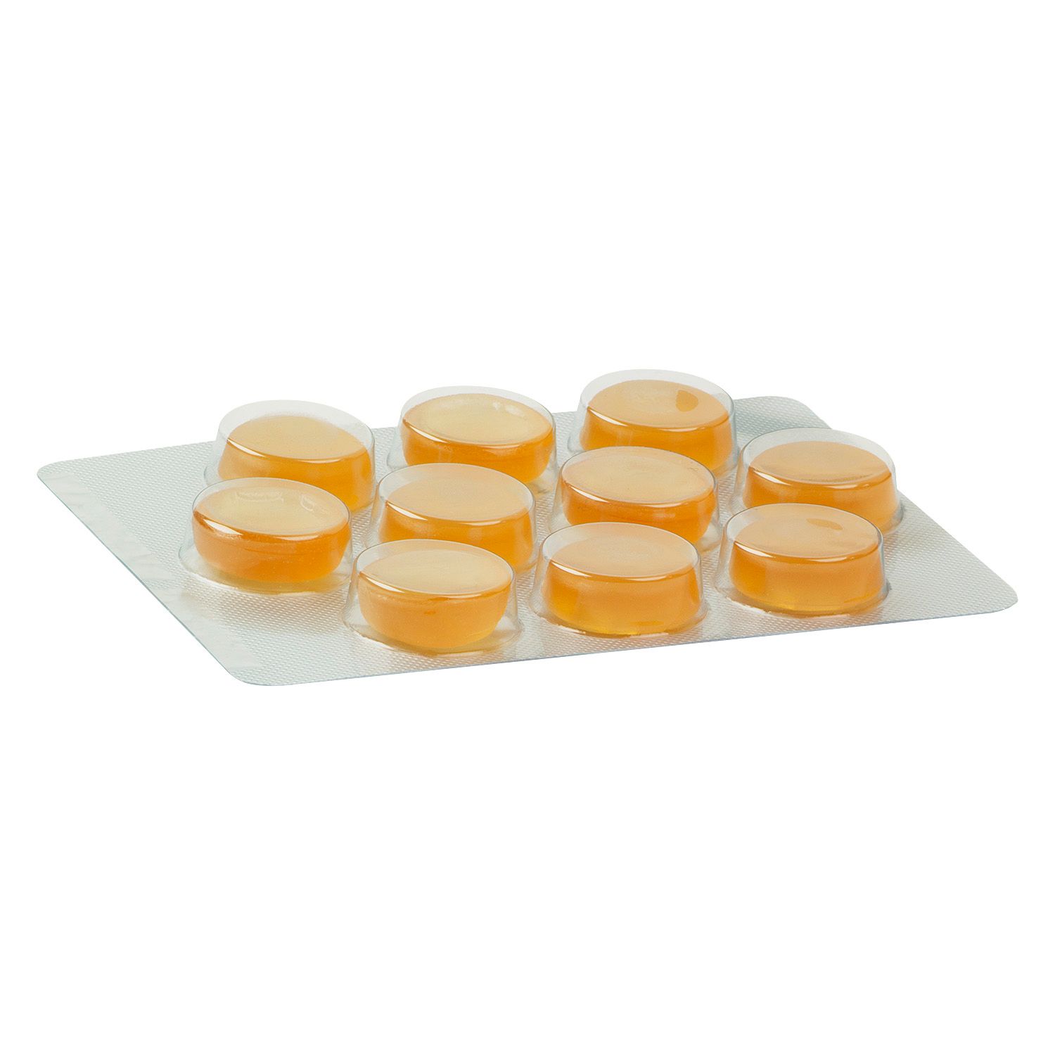 Blisterpackung mit 10 gelben, runden Lutschpastillen. Einzelne Pastillen in transparenten Vertiefungen.