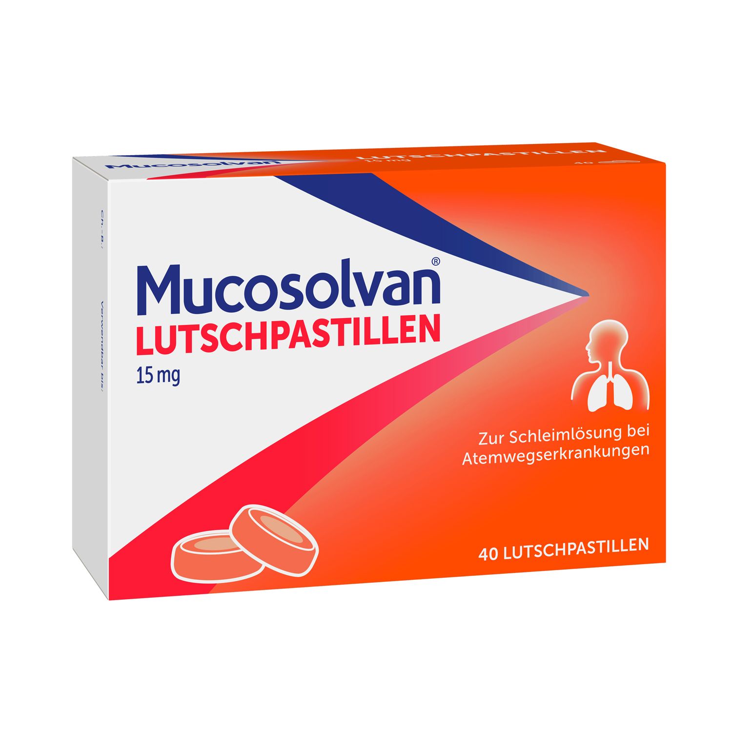 Schachtel mit MUCOSOLVAN Lutschpastillen. Aufschrift: 15 mg, 40 Lutschpastillen. Illustration der Lunge.