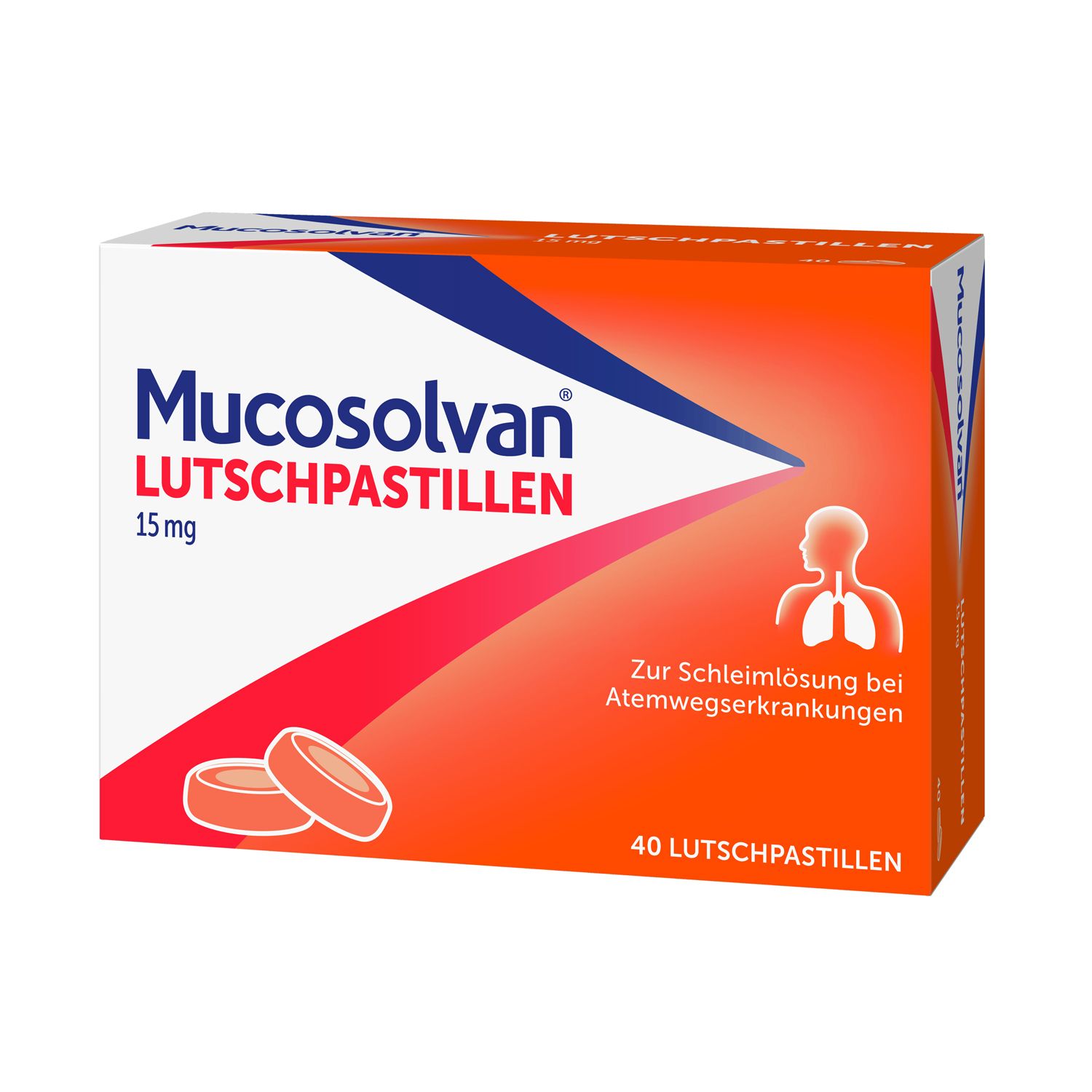 Schachtel mit MUCOSOLVAN Lutschpastillen. Aufschrift: 15 mg, 40 Lutschpastillen. Illustration der Lunge.