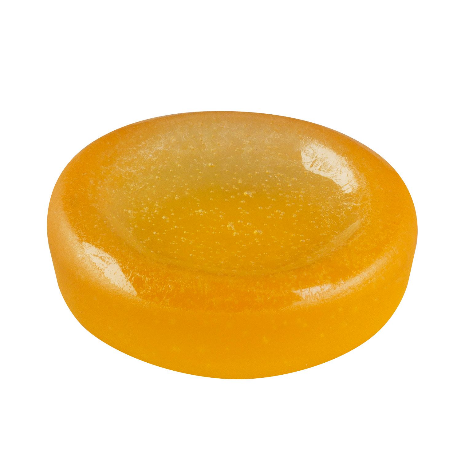 Einzelne, gelbe, runde Lutschpastille. Ovale Form.