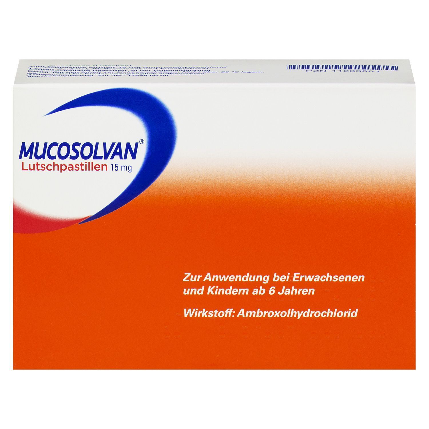 Schachtel mit MUCOSOLVAN Lutschpastillen. Aufschrift: 15 mg. Für Erwachsene und Kinder ab 6 Jahren.