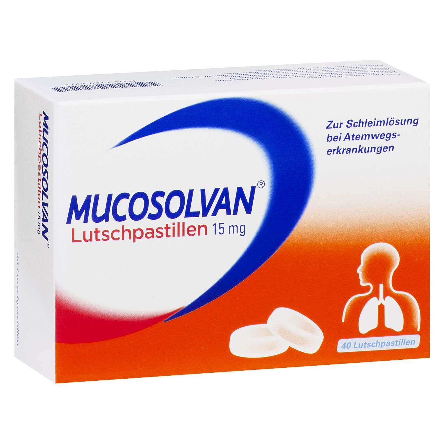Schachtel mit MUCOSOLVAN Lutschpastillen. Aufschrift: 15 mg, 40 Lutschpastillen. Illustration der Lunge.