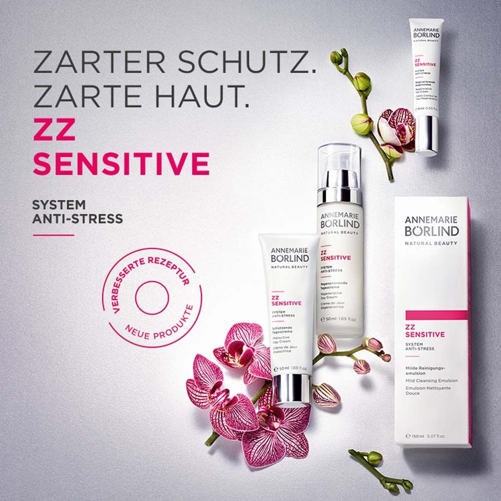 Présentation de produits avec plusieurs produits. Inscription: ZZ SENSITIVE, ANNEMARIE BÖRLIND. Produits et emballages.