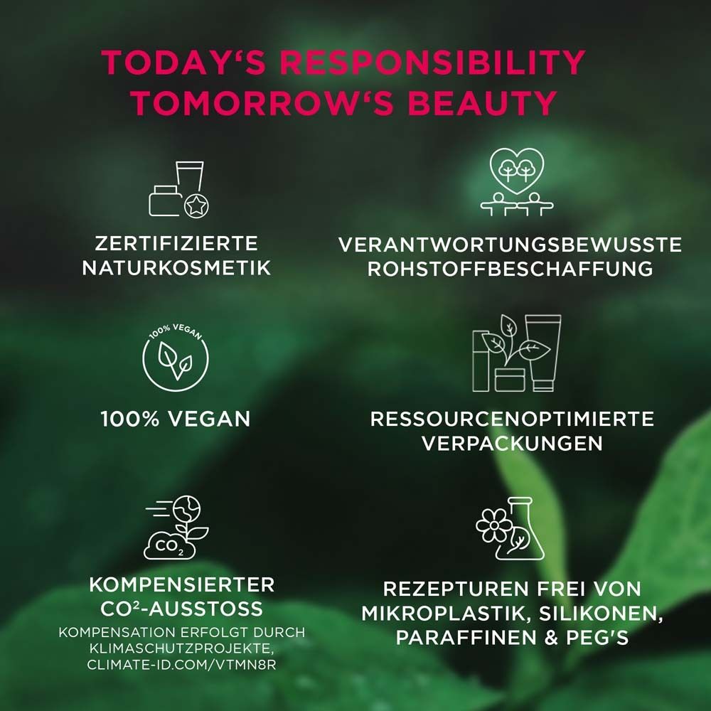 Infographie avec logos et texte. Thèmes: cosmétiques naturels, approvisionnement, vegan, emballage, CO2, recettes.