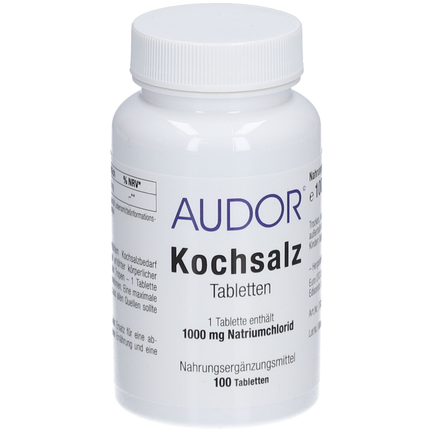 Weiße Tablettenflasche mit Schraubverschluss. Aufschrift: AUDOR Kochsalz Tabletten, 1000 mg Natriumchlorid, 100 Tabletten.