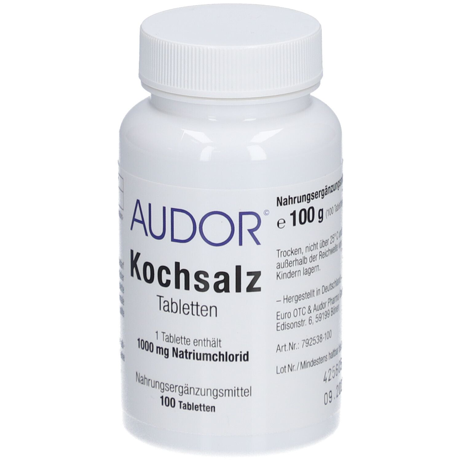 Weiße Tablettenflasche mit Schraubverschluss. Aufschrift: AUDOR Kochsalz Tabletten, 1000 mg Natriumchlorid, 100 Tabletten.