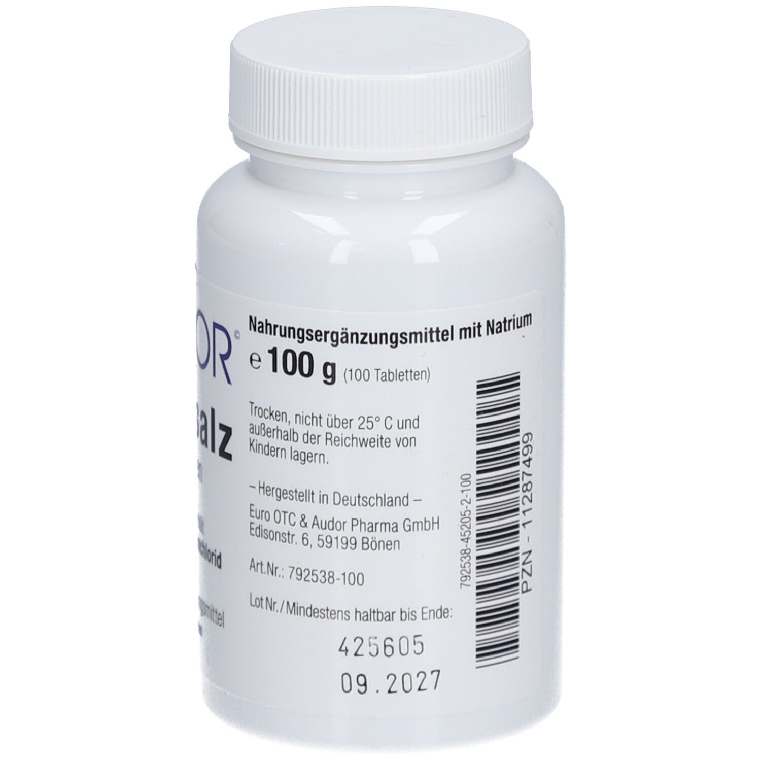 Weiße Tablettenflasche mit Schraubverschluss. Aufschrift: AUDOR Kochsalz Tabletten, 1000 mg Natriumchlorid, 100 Tabletten.