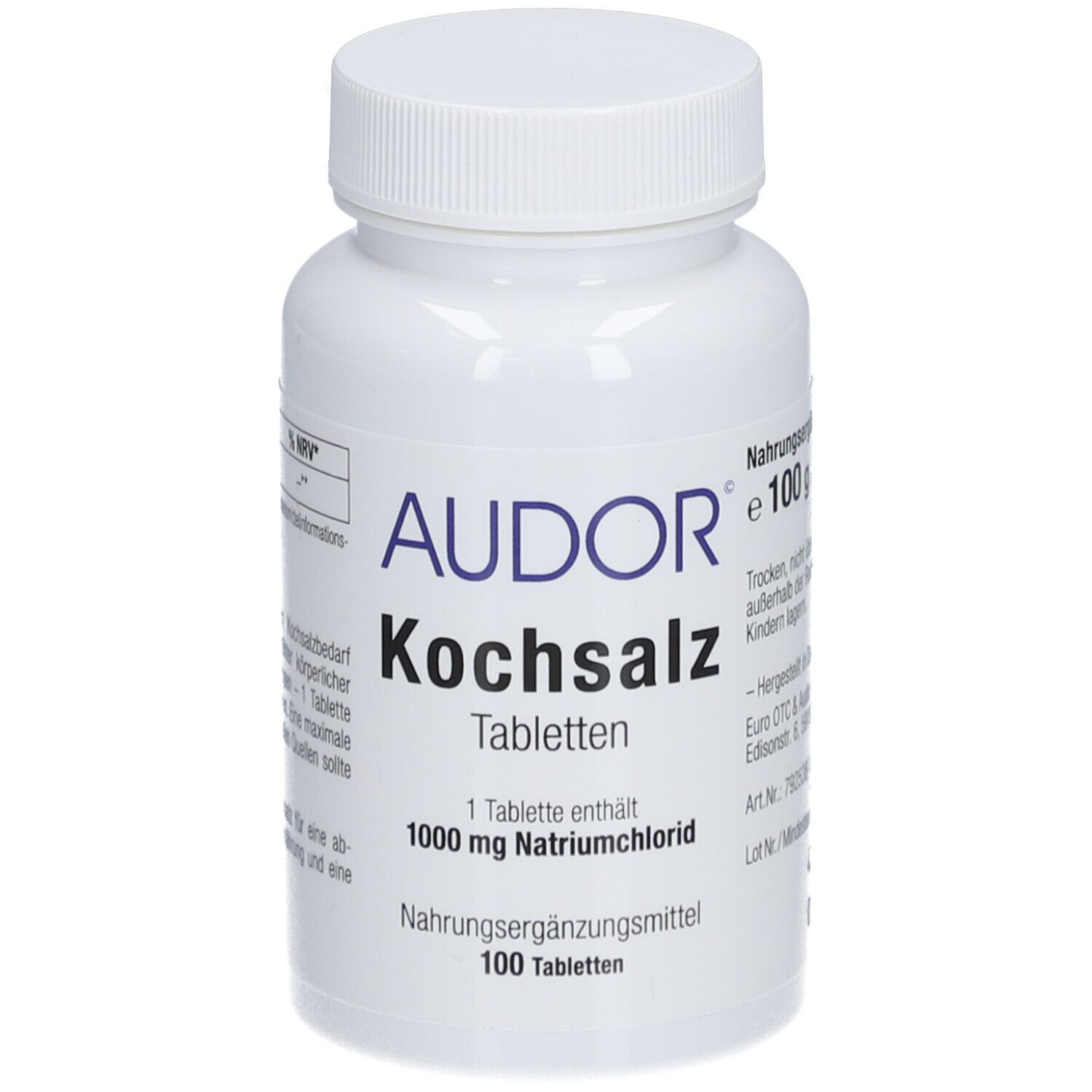 Weiße Tablettenflasche mit Schraubverschluss. Aufschrift: AUDOR Kochsalz Tabletten, 1000 mg Natriumchlorid, 100 Tabletten.