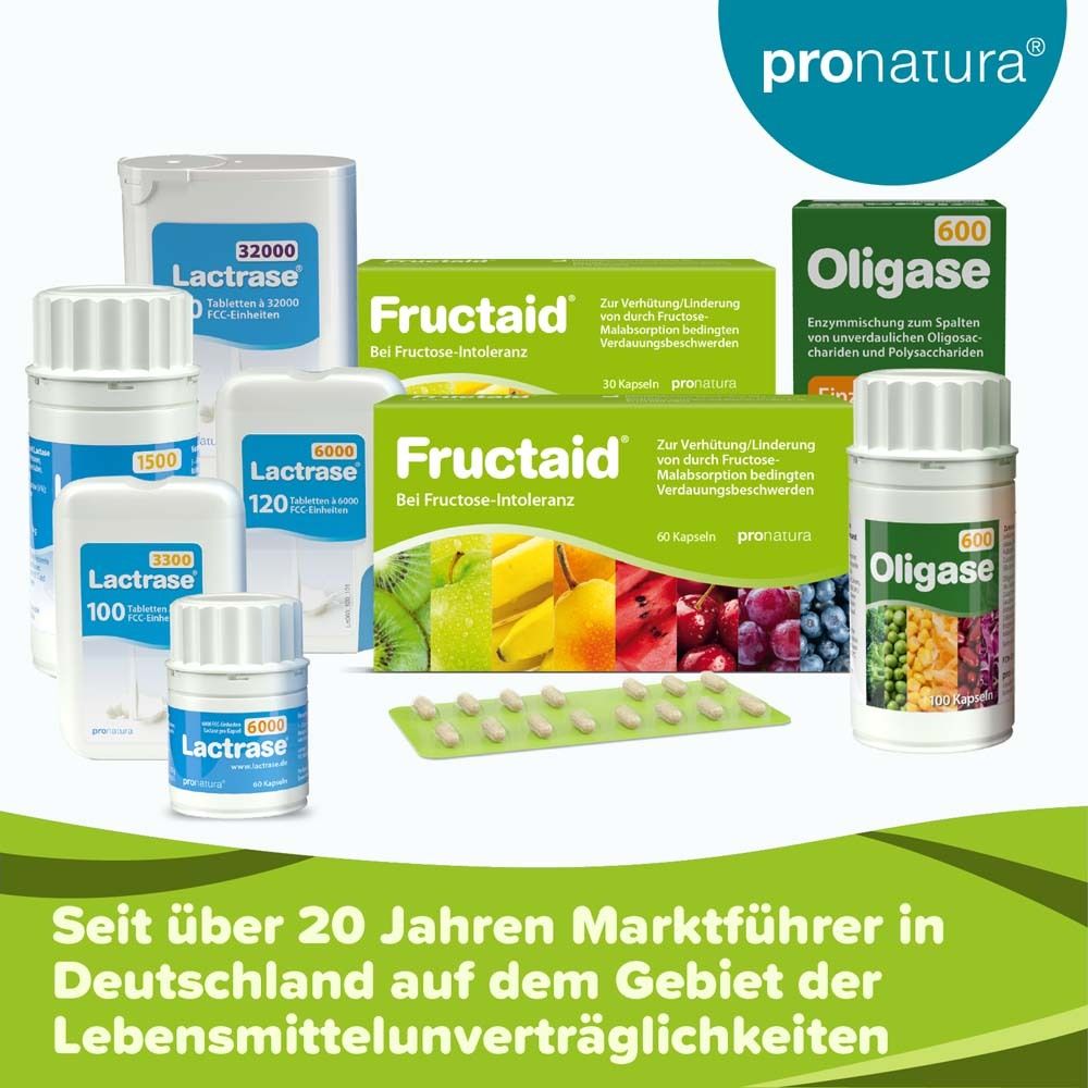 Verschiedene Produkte. Fructaid und Lactrase. Text: Seit über 20 Jahren Marktführer in Deutschland auf dem Gebiet der Lebensmittelunverträglichkeiten.