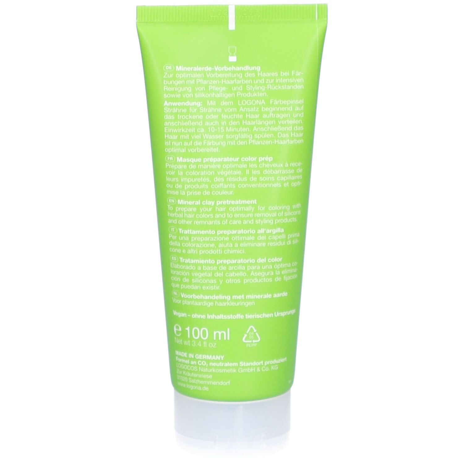 Rückseite der grünen Tube. Text in mehreren Sprachen. Aufschrift: 100 ml. Vegan-Siegel. Hergestellt in Deutschland.