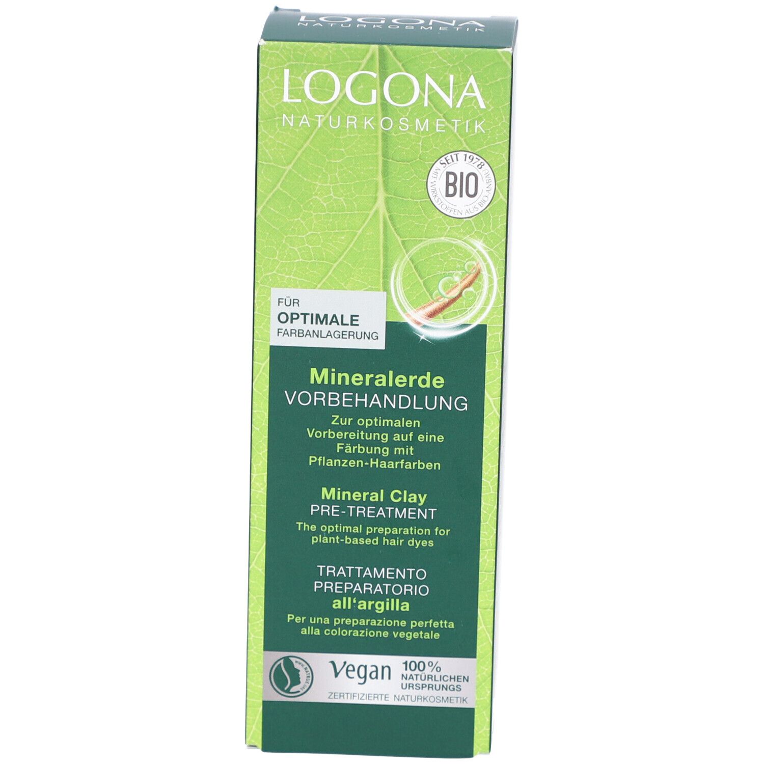 Kartonverpackung. Aufschrift: Logona, Mineralerde Vorbehandlung. Bio-Siegel. Vegan-Siegel. Grüne Farbe.