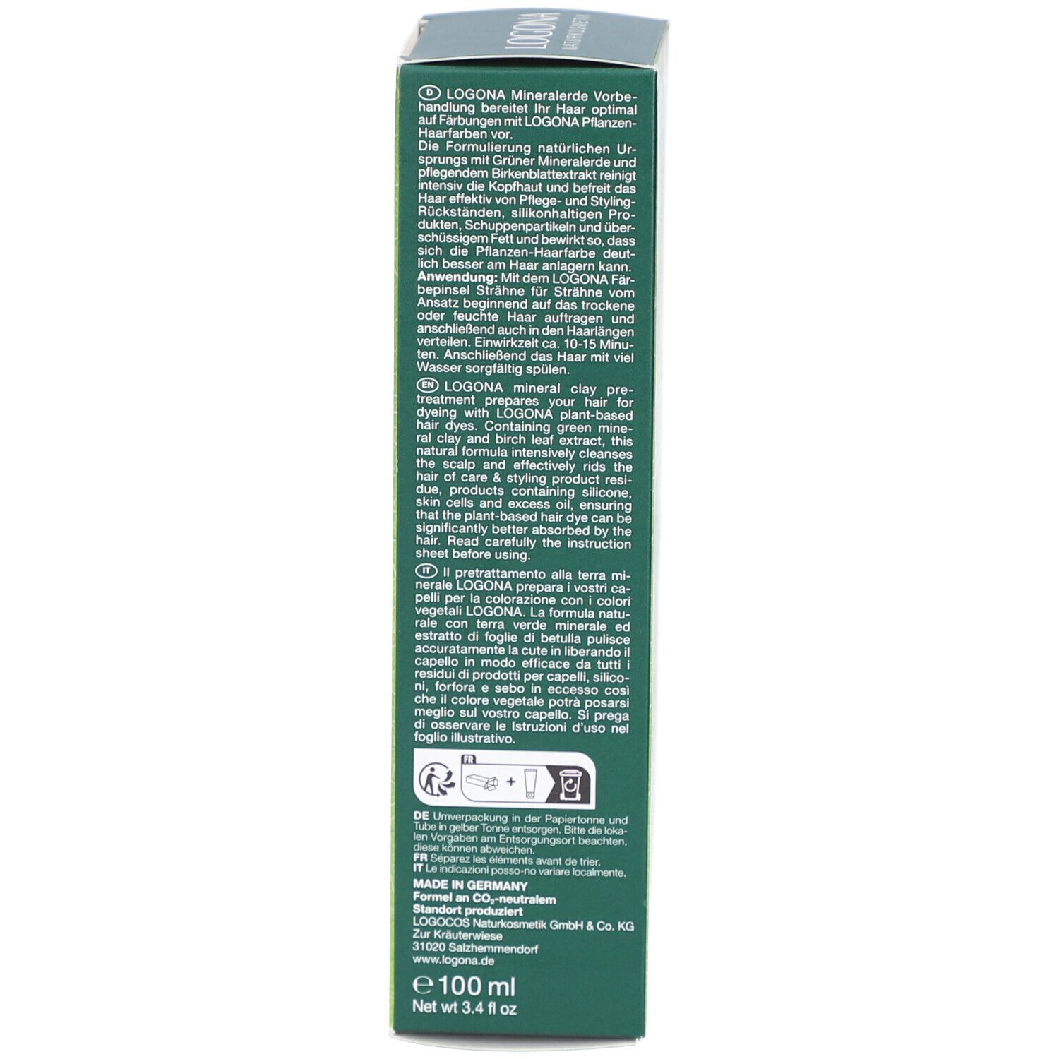 Seitenansicht der Kartonverpackung. Text in mehreren Sprachen. Aufschrift: Logona, 100 ml. Hergestellt in Deutschland.