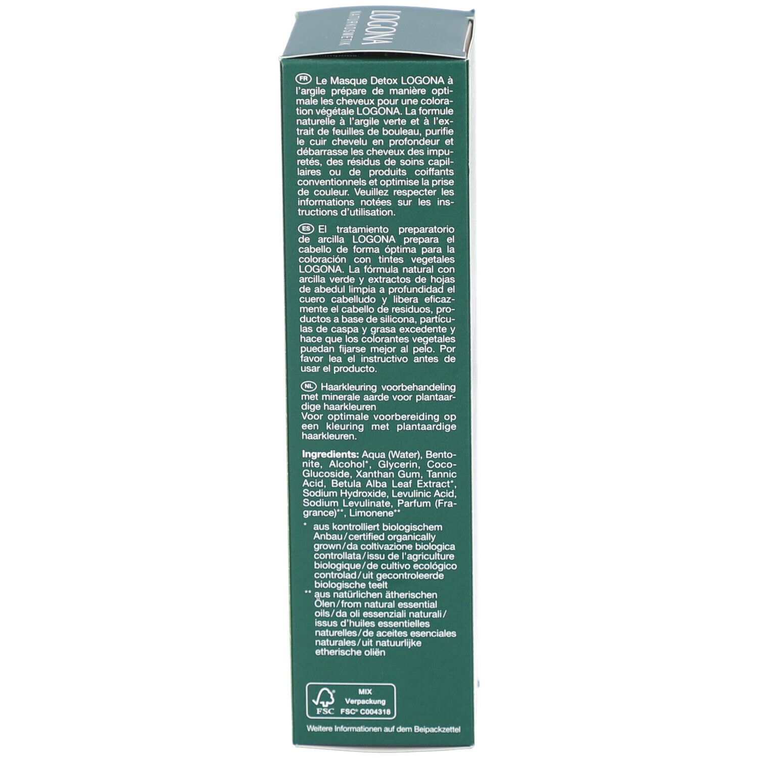 Rückseite der Kartonverpackung. Text in mehreren Sprachen. Aufschrift: Logona. Inhaltsstoffe. Vegan-Siegel.