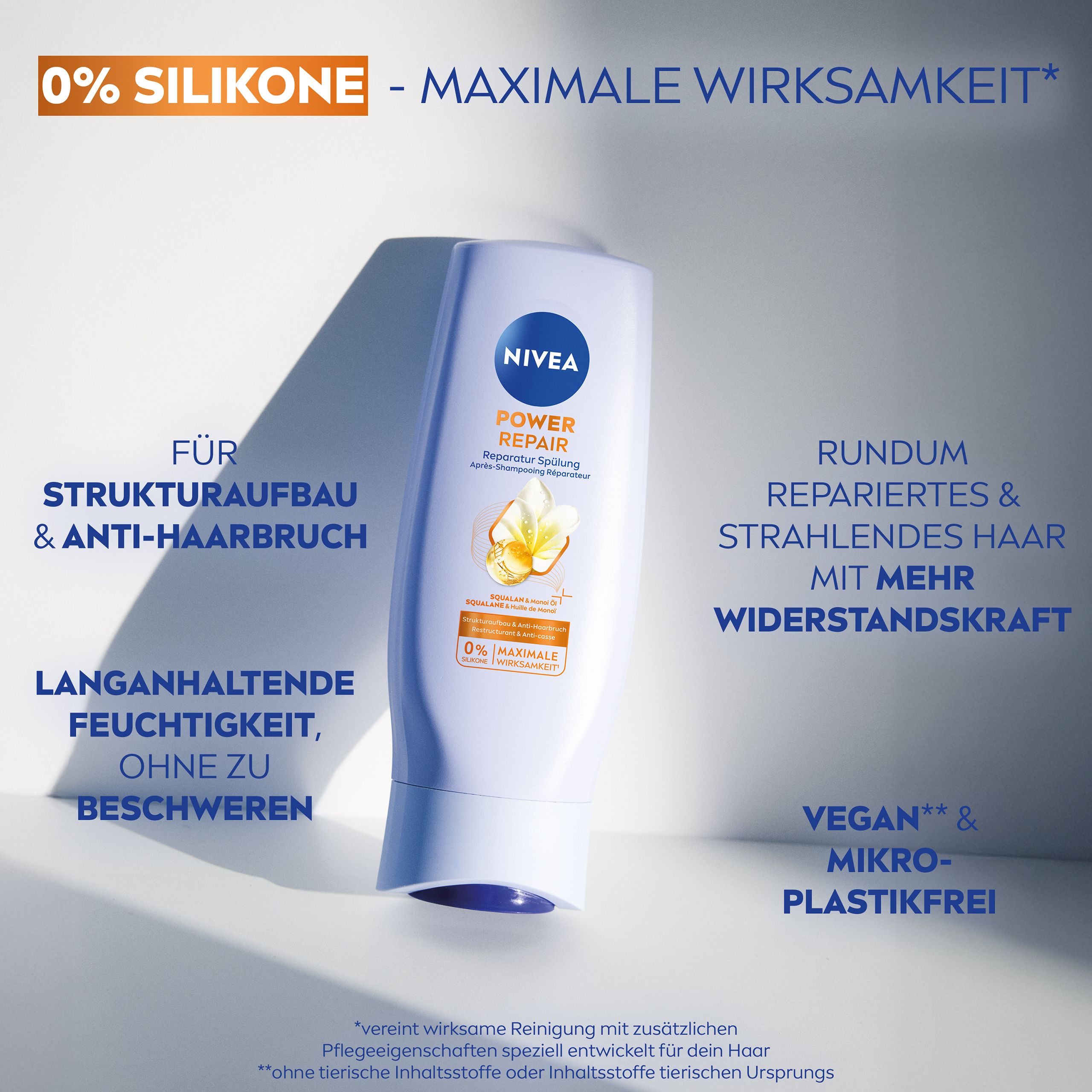 Rinçage NIVEA Power Repair : 0% silicone, efficacité maximale. Pour la structure et anti-casse.