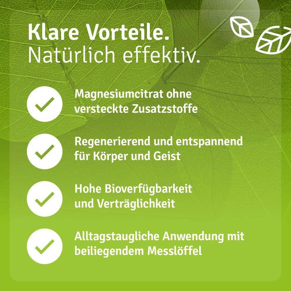 Graphique vert avec texte : Avantages clairs. Citrate de magnésium sans additifs. Régénérant pour le corps et l'esprit.