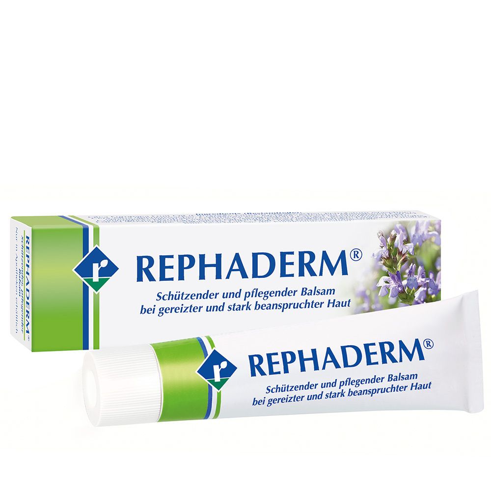 Tube und Schachtel mit Produktaufschrift REPHADERM®. Text: Schützender und pflegender Balsam bei gereizter und stark beanspruchter Haut.