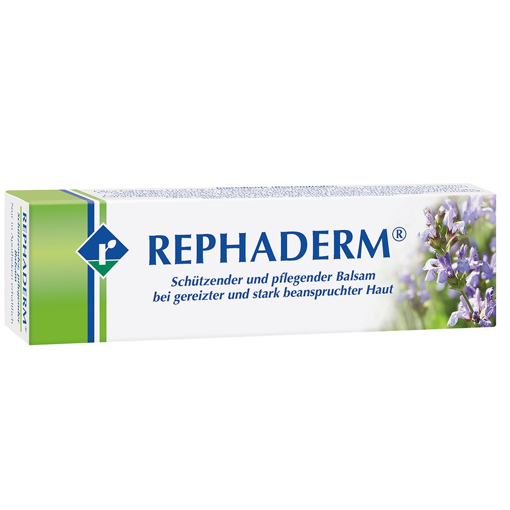 Schachtel mit Produktaufschrift REPHADERM®. Text: Schützender und pflegender Balsam bei gereizter und stark beanspruchter Haut.