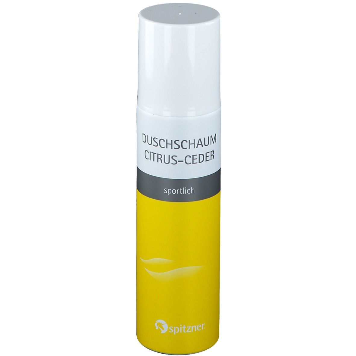 Flacon spray jaune et blanc avec l'inscription Duschschaum Citrus-Ceder et sportlich. Logo Spitzner.