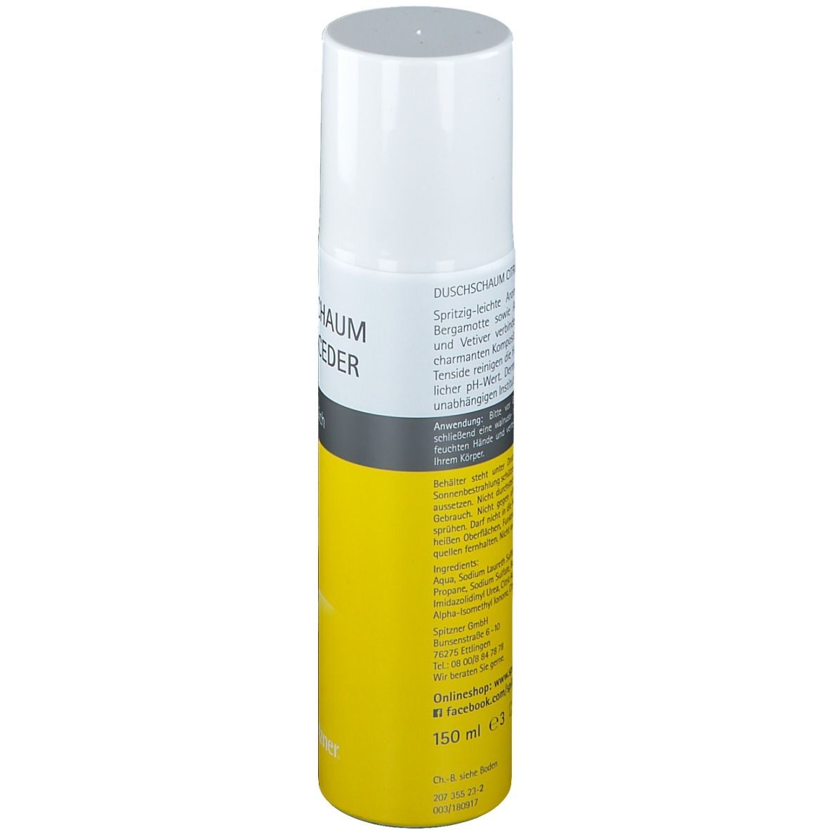 Flacon spray jaune et blanc. Inscription Duschschaum Citrus-Ceder. Dos avec ingrédients et informations fabricant. 150 ml.