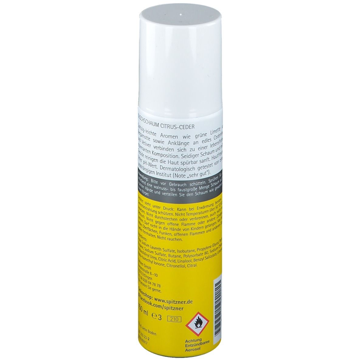Flacon spray jaune et blanc. Inscription Duschschaum Citrus-Ceder. Dos avec texte et symbole de danger. 50 ml.
