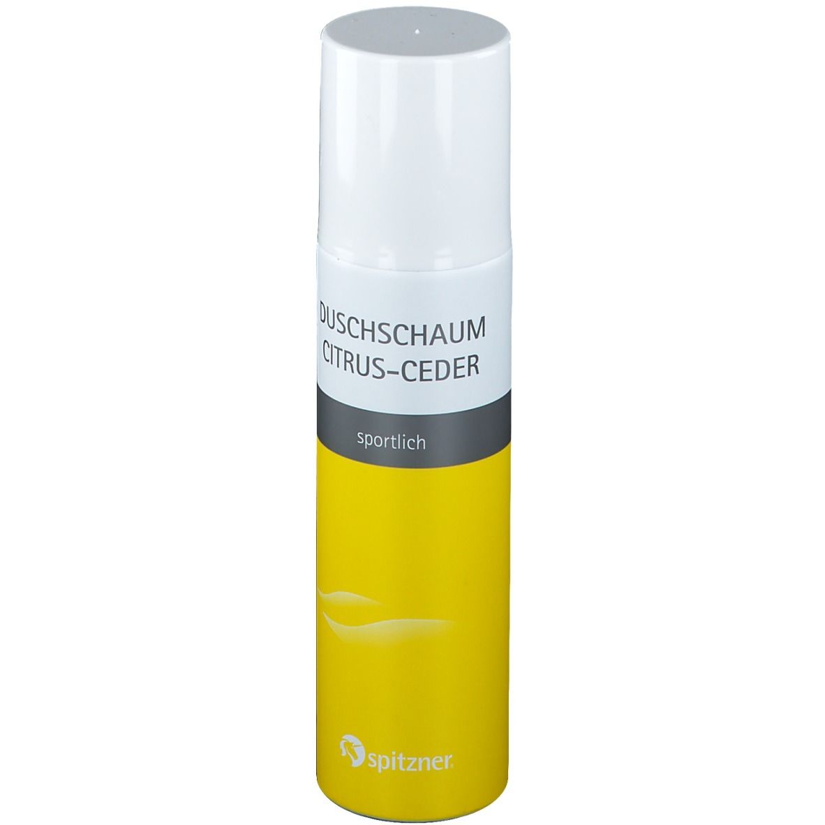 Flacon spray jaune et blanc avec l'inscription Duschschaum Citrus-Ceder et sportlich. Logo Spitzner.