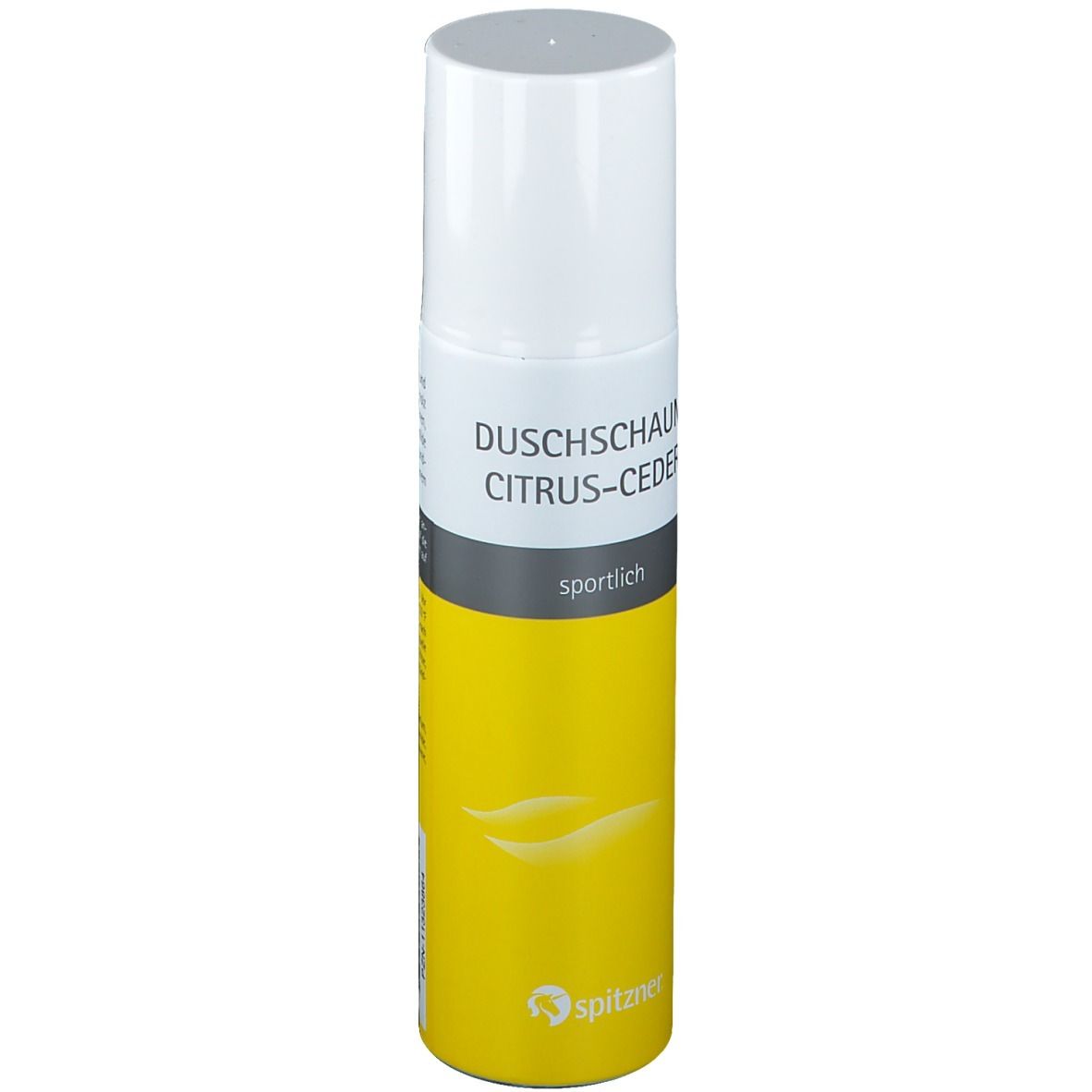 Flacon spray jaune et blanc avec l'inscription Duschschaum Citrus-Ceder et sportlich. Logo Spitzner.
