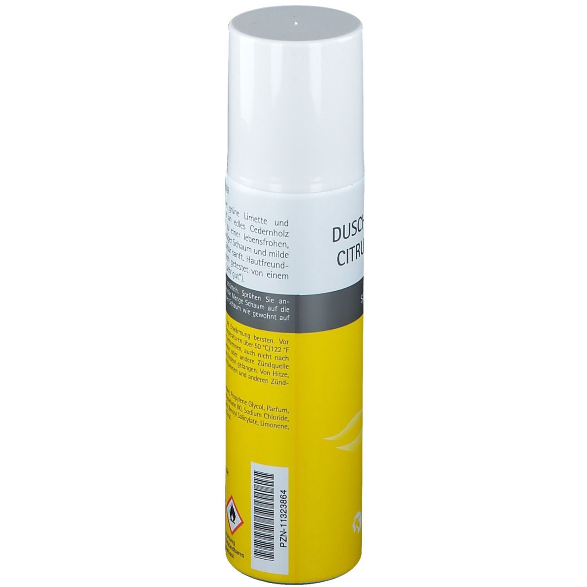 Flacon spray jaune et blanc. Inscription Duschschaum Citrus-Ceder. Dos avec texte, symbole de danger et numéro PZN.