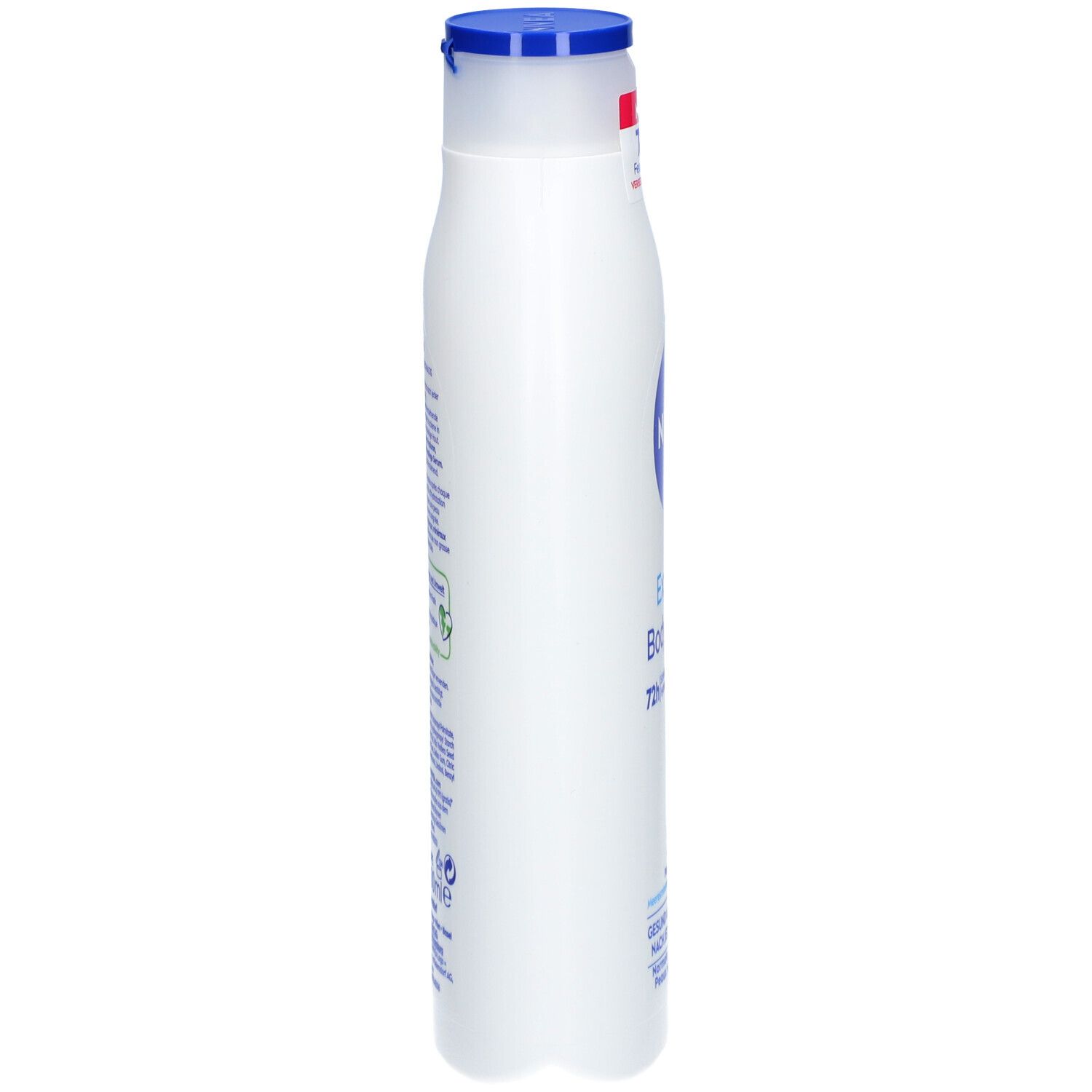 Weiße Flasche mit blauem Deckel. Aufschrift: NIVEA, Express Body Lotion. Seitliche Ansicht.