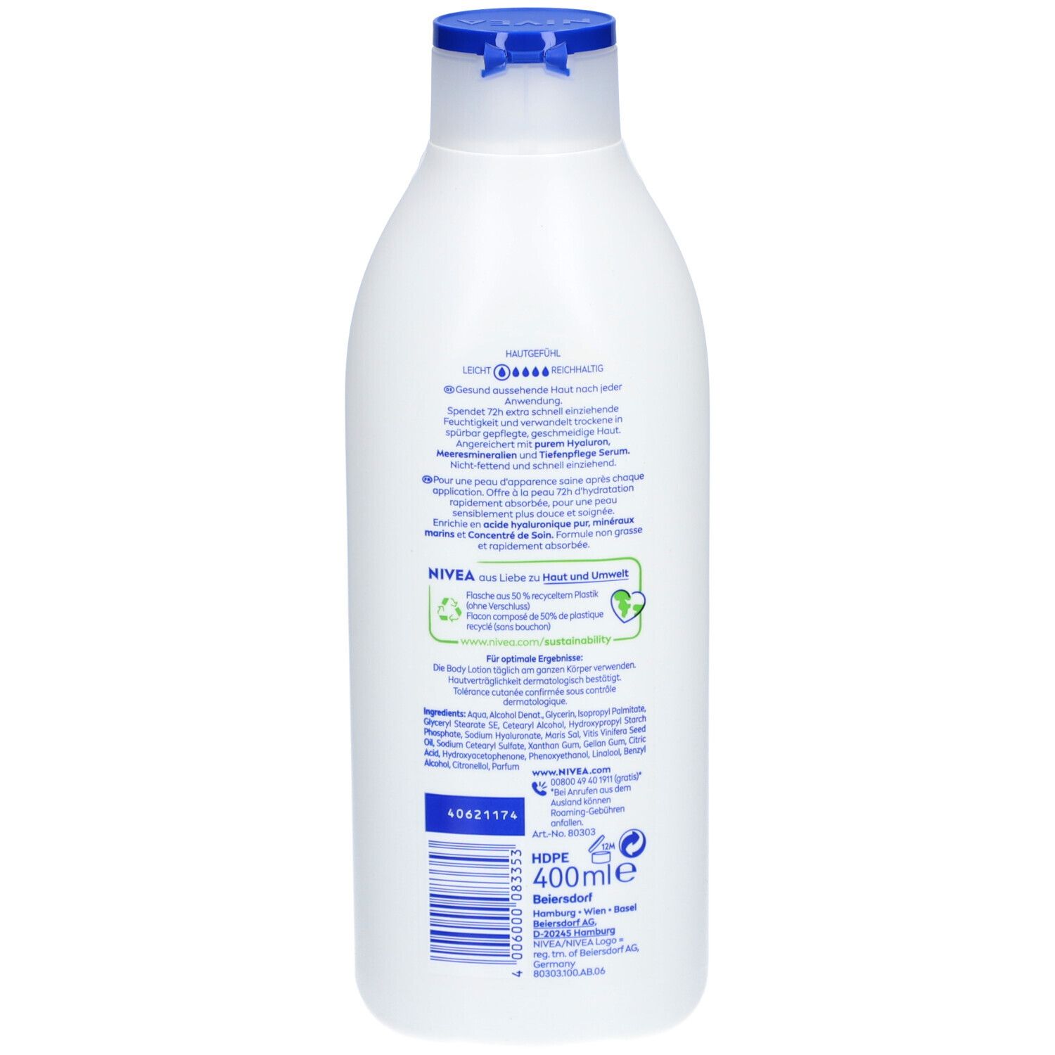 Weiße Flasche mit blauem Deckel. Rückseite mit Text und Logos. Aufschrift: NIVEA, 400ml.