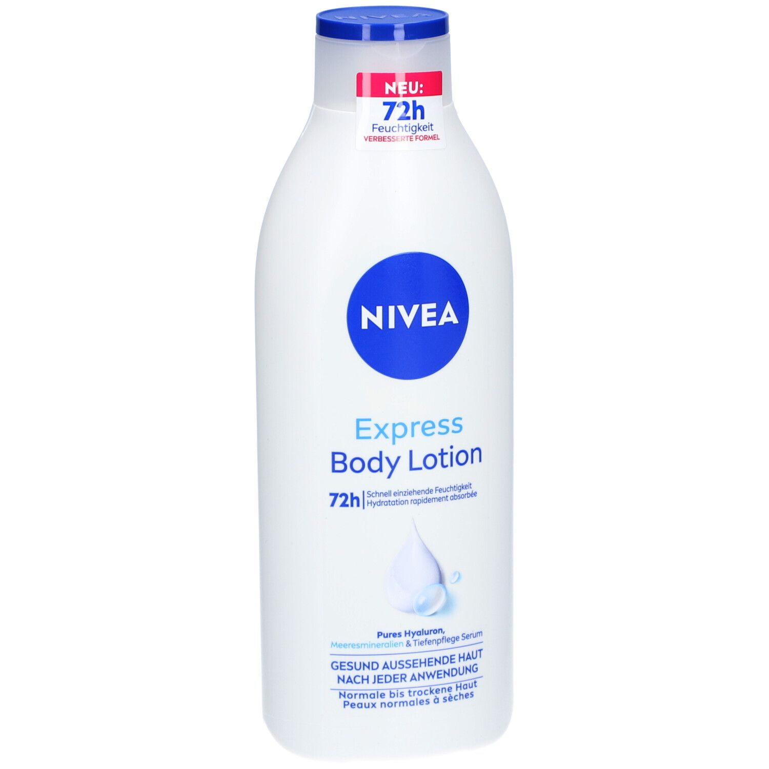 Weiße Flasche mit blauem Deckel. Aufschrift: NIVEA, Express Body Lotion. Mit rotem Etikett.