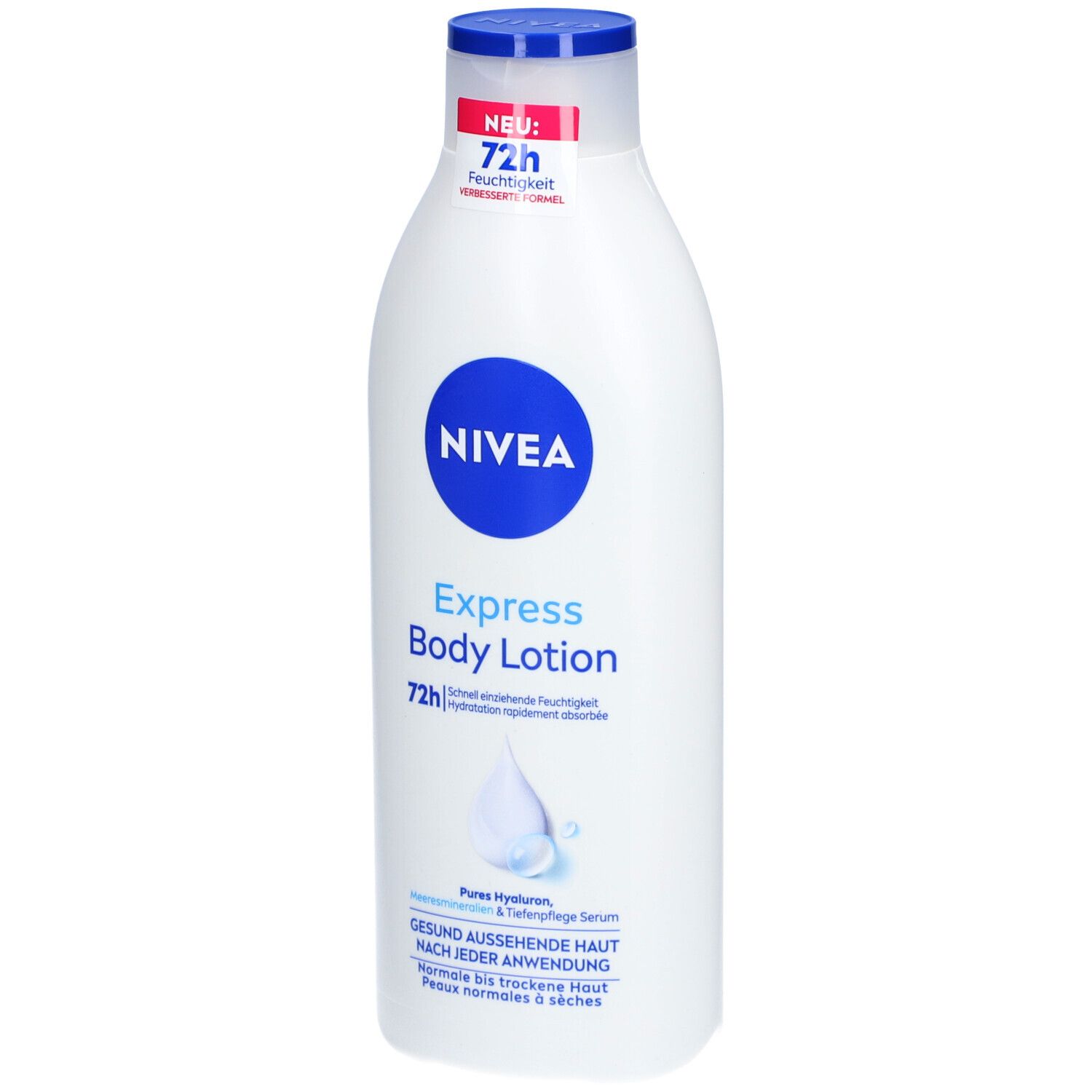 Weiße Flasche mit blauem Deckel. Aufschrift: NIVEA, Express Body Lotion. Mit rotem Etikett.