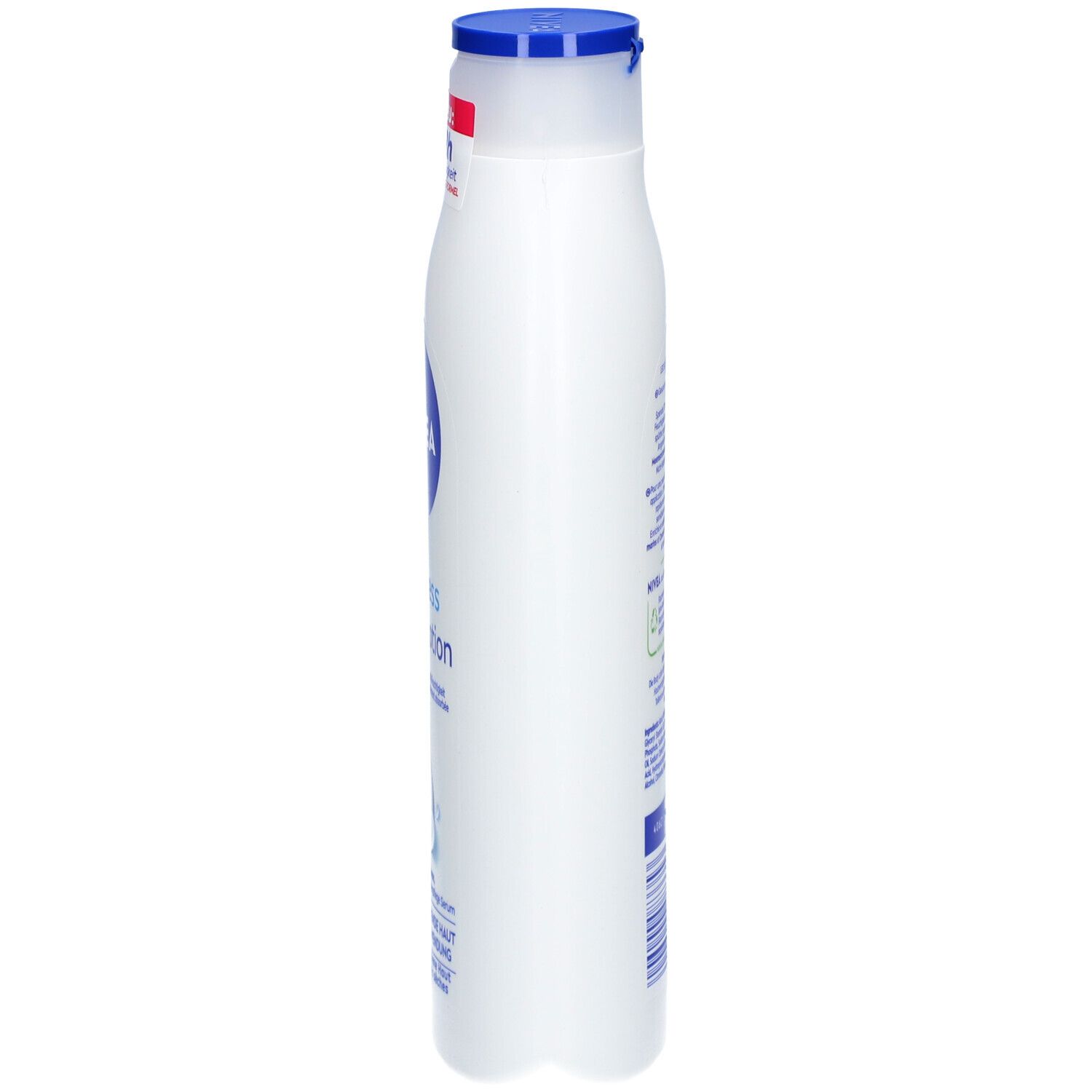 Weiße Flasche mit blauem Deckel. Aufschrift: NIVEA, Express Body Lotion. Seitliche Ansicht.