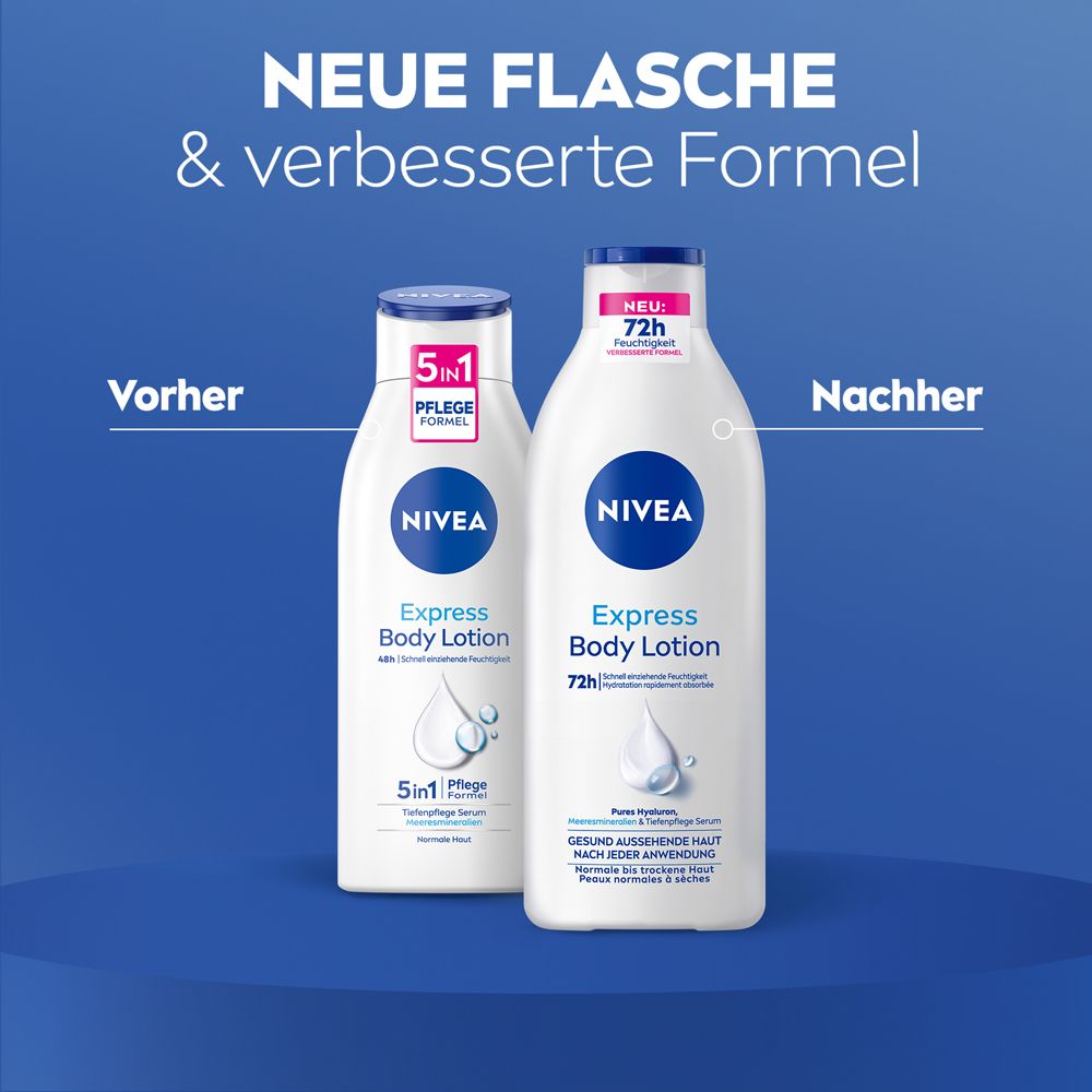 Comparaison de bouteilles NIVEA Express Body Lotion : ancienne et nouvelle version avec formule améliorée.