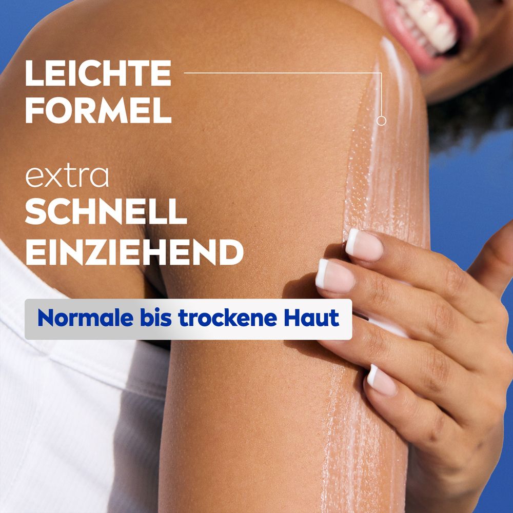 Bras d'une personne avec NIVEA Express Body Lotion appliquée. Formule légère et rapidement absorbée.