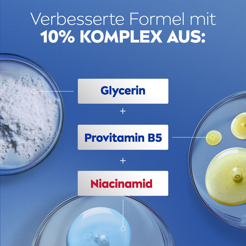 Ingrédients NIVEA Body Lotion Repair & Care : Glycérine, Provitamine B5, Niacinamide. Complexe amélioré à 10%.