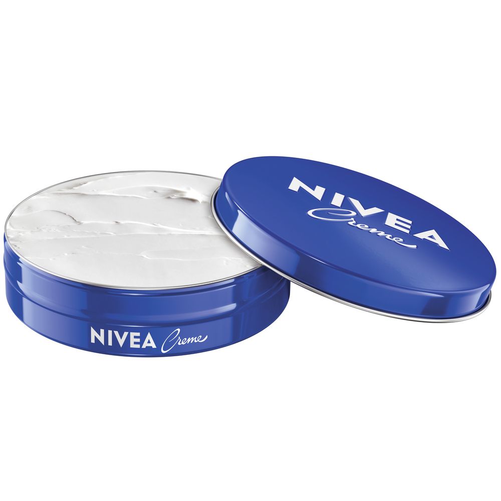 Geöffnete NIVEA Creme Dose mit weißer Creme und abgenommenem Deckel.