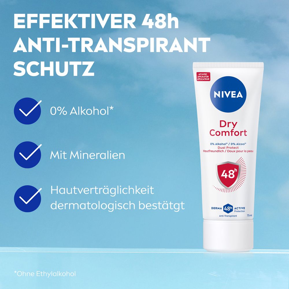 Tube NIVEA Dry Comfort : 0% alcool, avec minéraux, dermatologiquement testé. Protection anti-transpirante 48h.