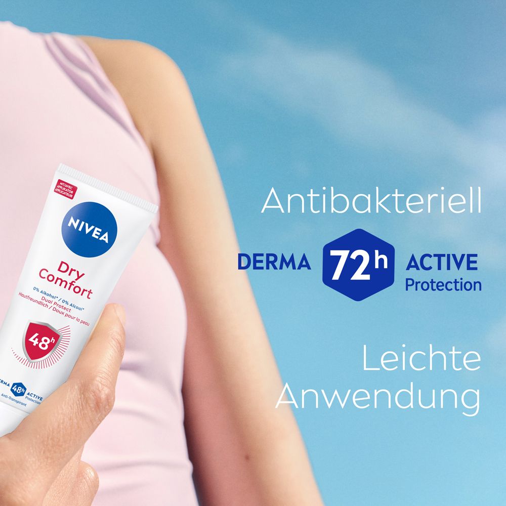 Tube déodorant NIVEA Dry Comfort, antibactérien avec 72h Active Protection.