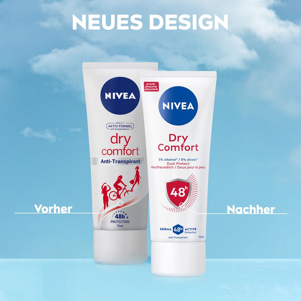 Comparaison des anciens et nouveaux designs de tubes déodorants NIVEA Dry Comfort.