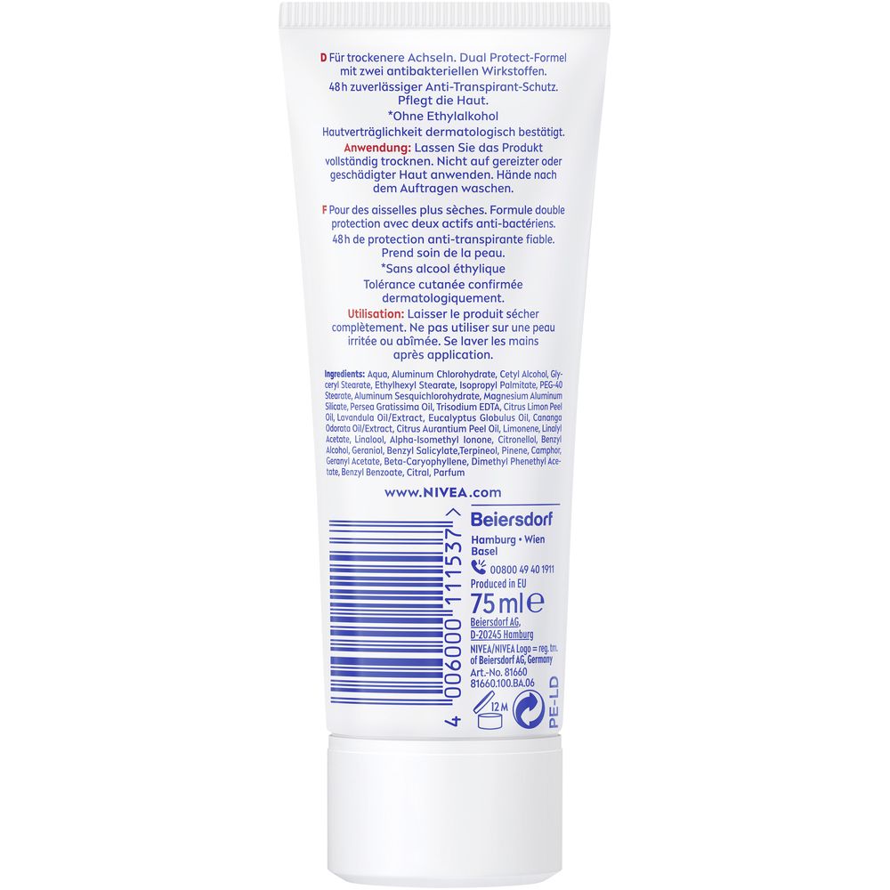 Arrière du tube NIVEA Dry Comfort : ingrédients, instructions d'utilisation et mention 75ml.