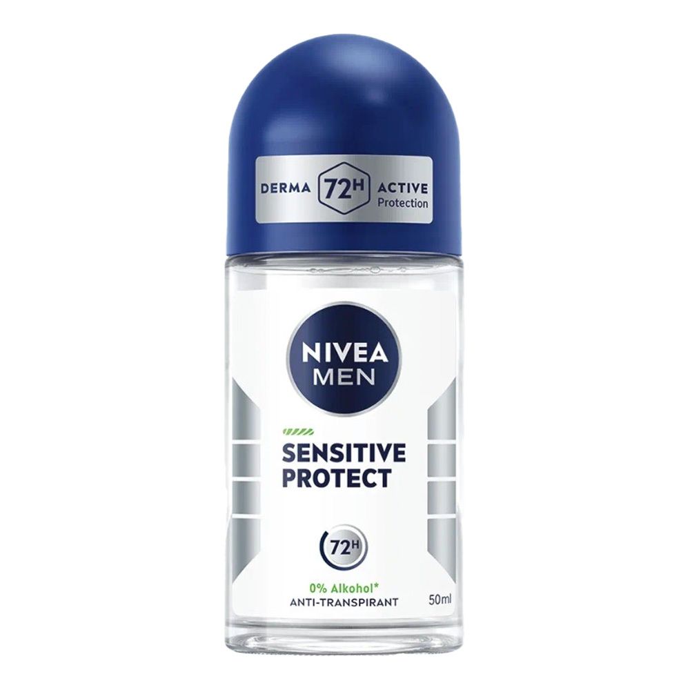 Roll-on NIVEA MEN Sensitive Protect. Bouchon bleu, flacon transparent. Inscription: Sensitive Protect, 72H Active Protection, 0% alcool.