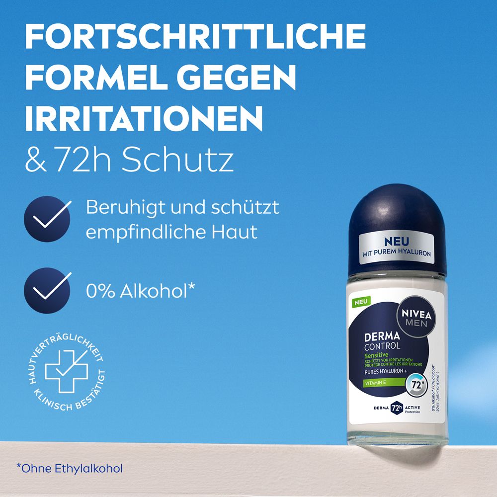 NIVEA MEN Sensitive Protect Roll-On. "Fortschrittliche Formel gegen Irritationen & 72h Schutz". Klinisch bestätigt, 0% Alkohol.