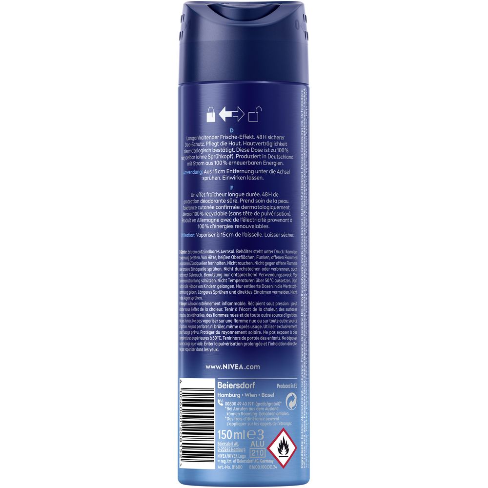 Arrière de la boîte de déodorant NIVEA MEN Fresh Active avec ingrédients et instructions.