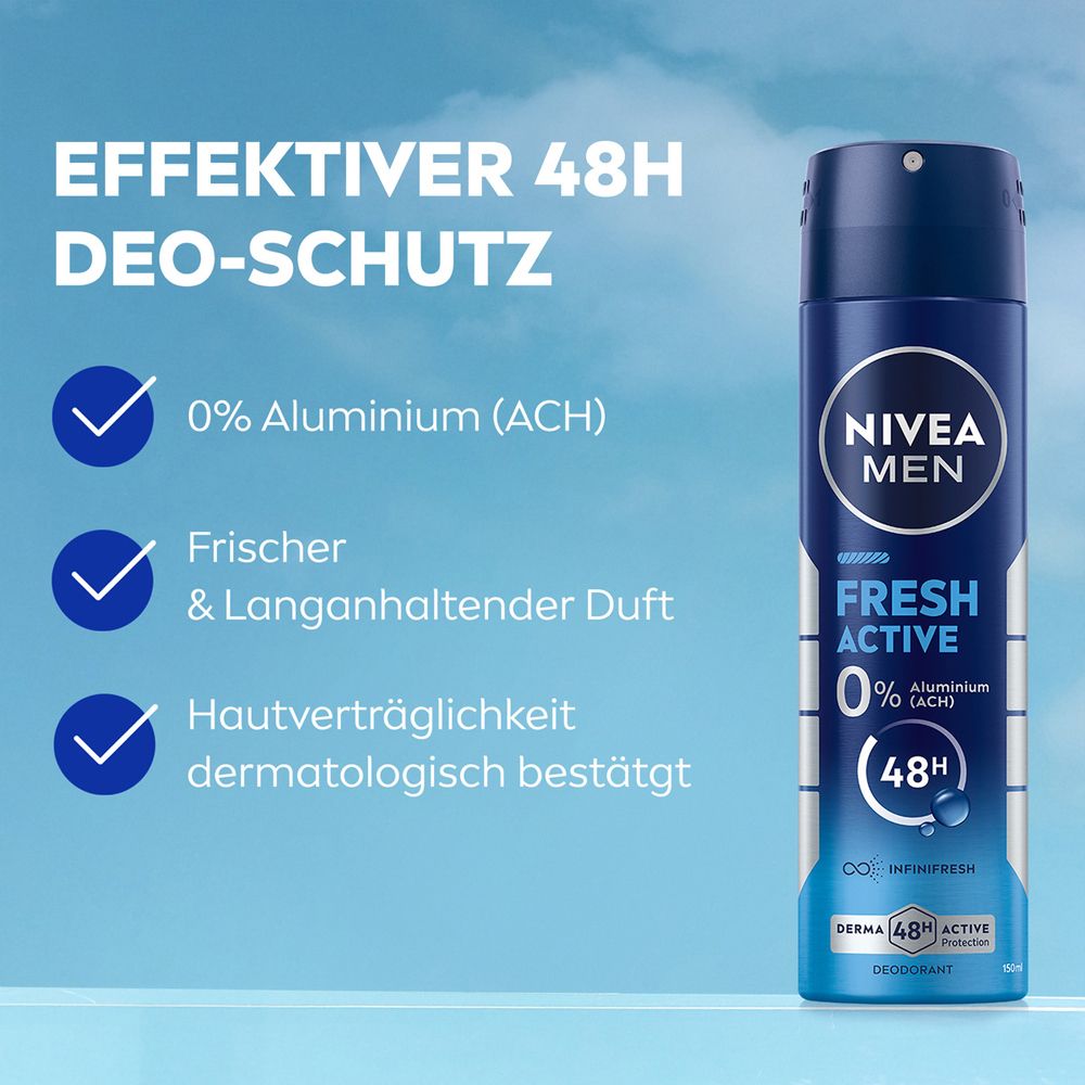 Déodorant NIVEA MEN Fresh Active : 48h de protection, 0% aluminium, parfum frais, testé dermatologiquement.