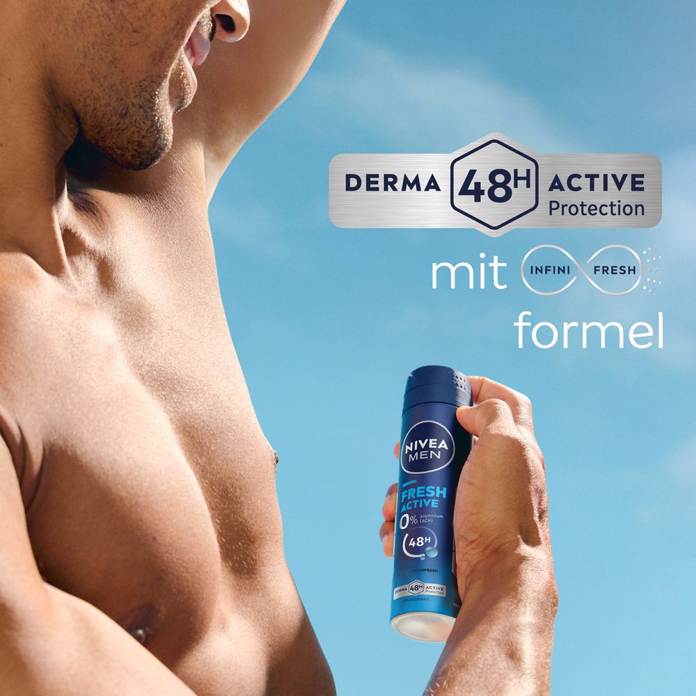 Un homme tient une boîte de déodorant NIVEA MEN Fresh Active, protection 48h avec formule INFINIFRESH.
