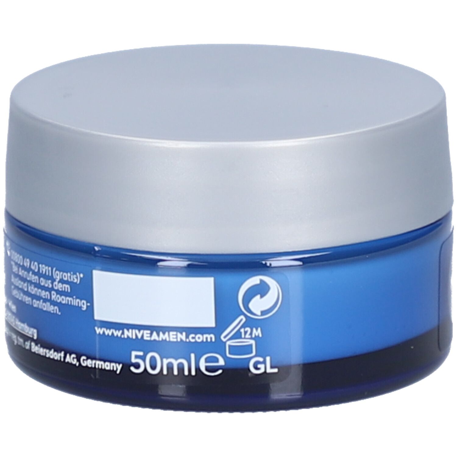Rückseite der blauen Creme-Dose mit silbernem Deckel. Aufschrift NIVEA MEN. Informationen und Logos.