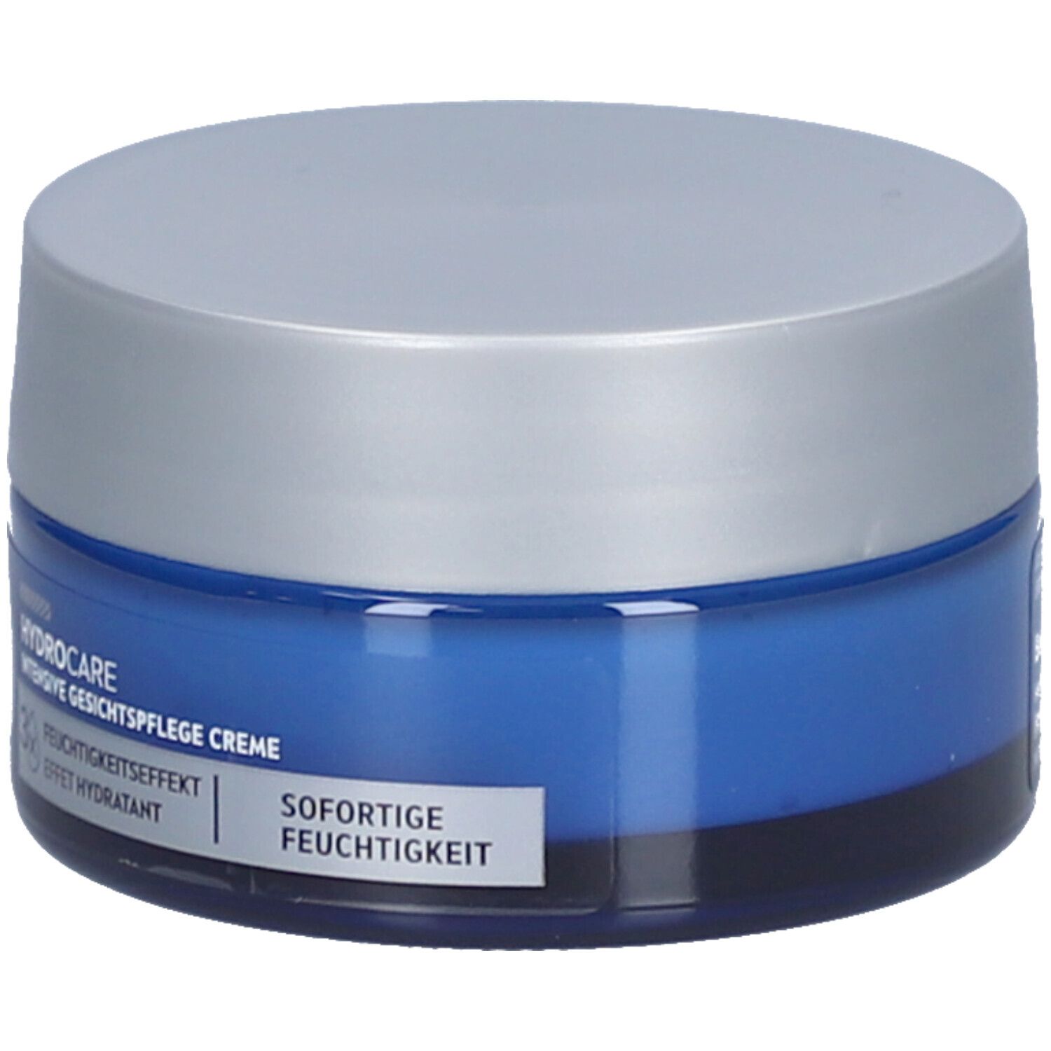 Blaue Creme-Dose mit silbernem Deckel. Aufschrift NIVEA MEN, Hydrocare, intensive Gesichtspflege Creme. Sofortige Feuchtigkeit.
