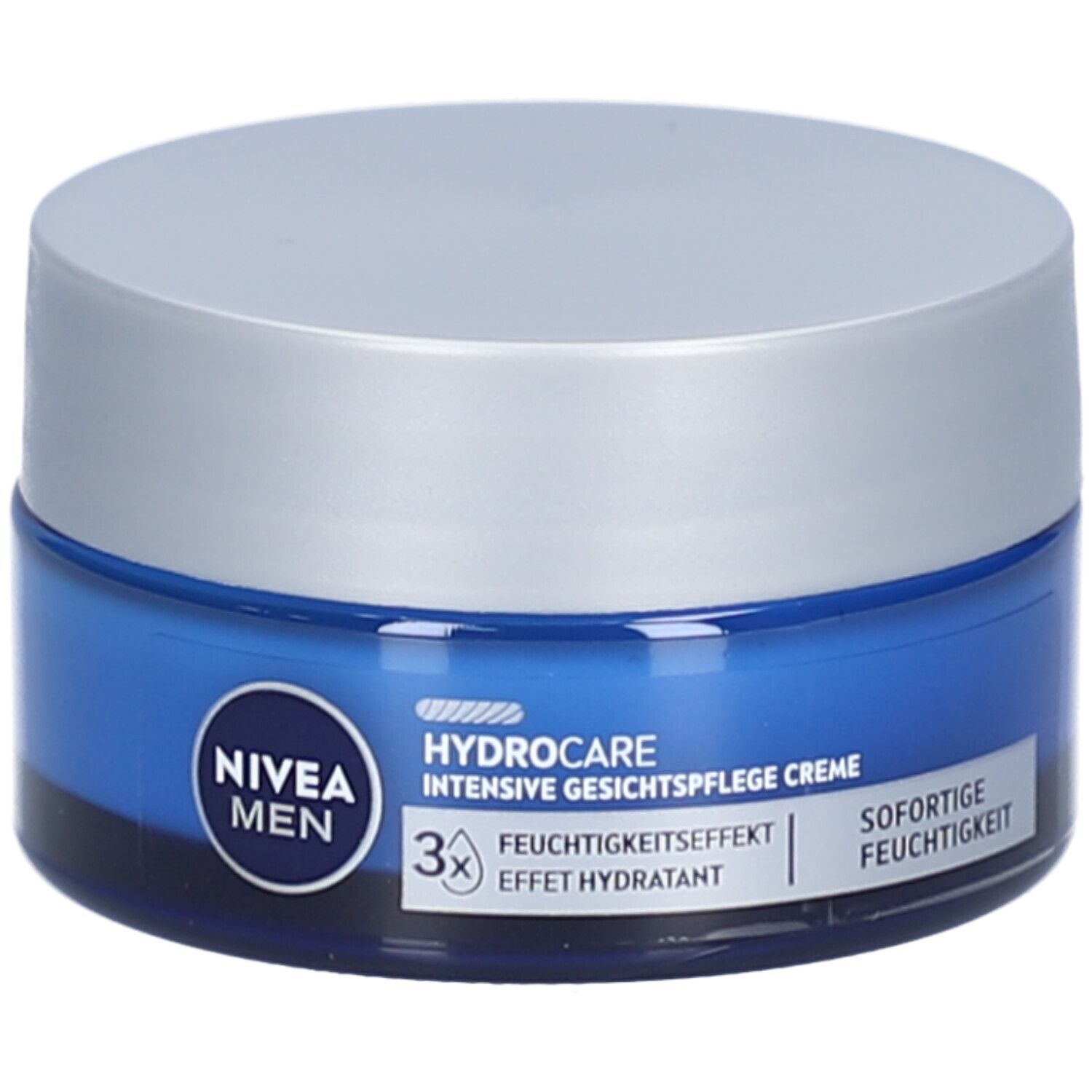 Blaue Creme-Dose mit silbernem Deckel. Aufschrift NIVEA MEN, Hydrocare, intensive Gesichtspflege Creme. 3x Feuchtigkeitseffekt.
