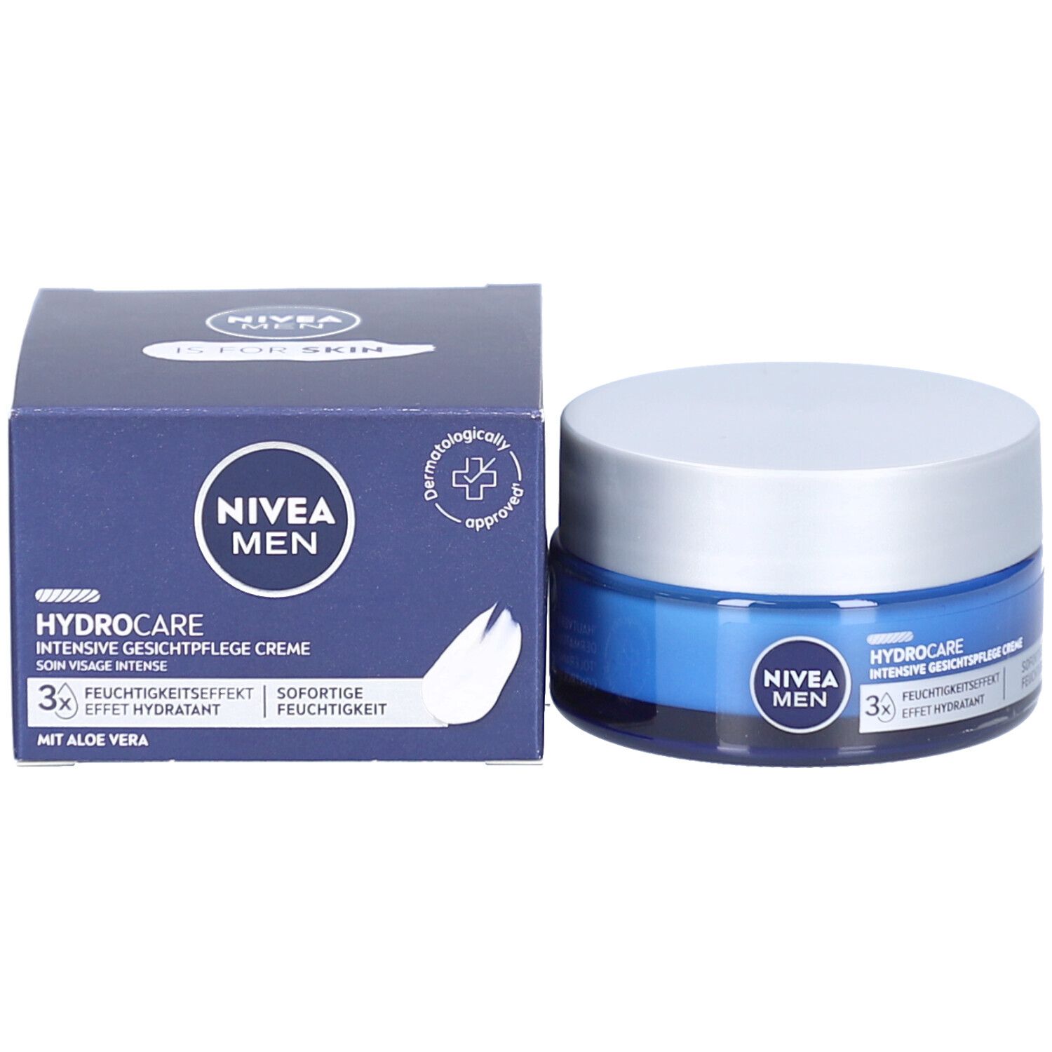 Blaue Schachtel und Creme-Dose mit silbernem Deckel. Aufschrift NIVEA MEN, Hydrocare, intensive Gesichtspflege Creme. Mit Aloe Vera.