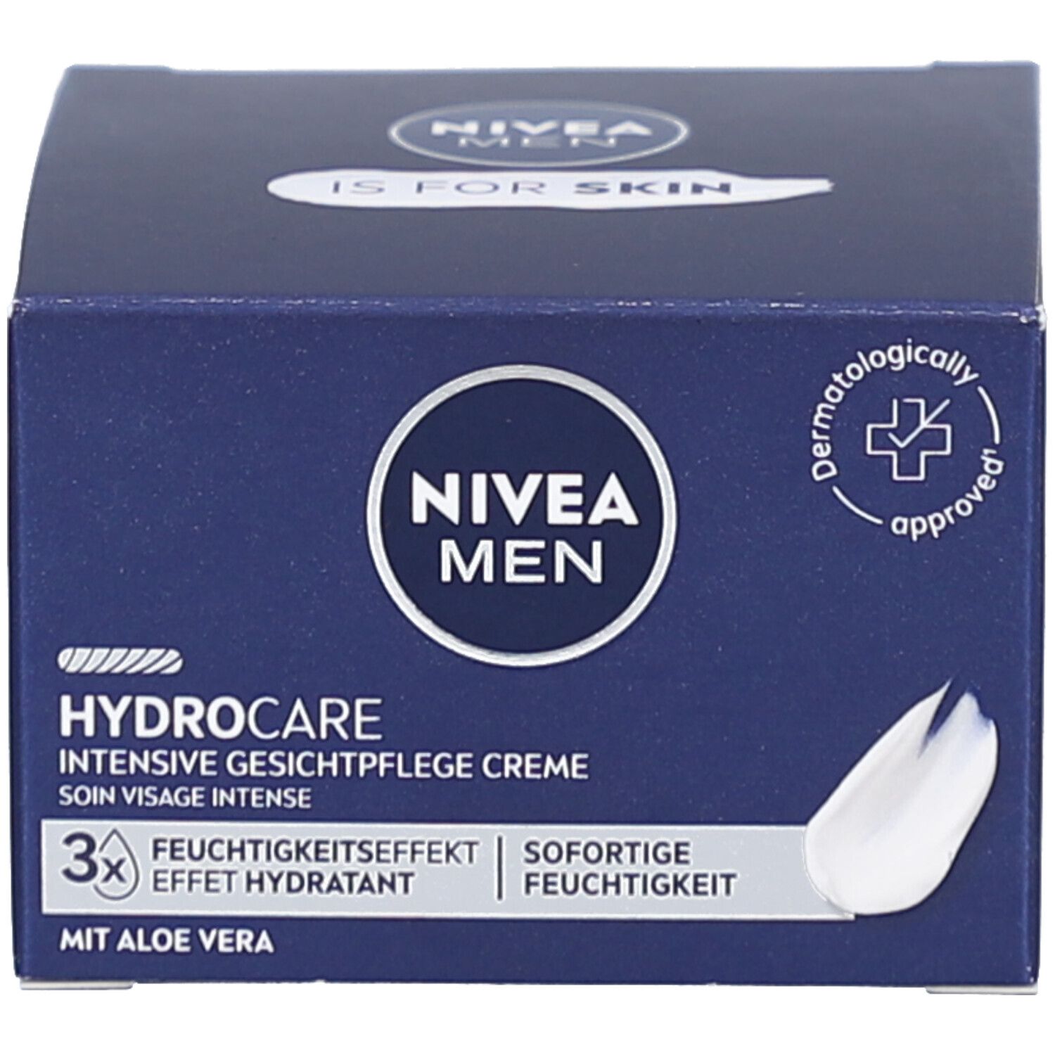 Blaue Schachtel mit Aufschrift NIVEA MEN, Hydrocare, intensive Gesichtspflege Creme. Mit Aloe Vera. Dermatologisch getestet.